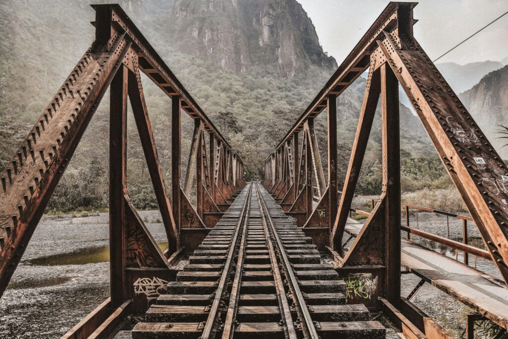 Railroad tracks going over bridge