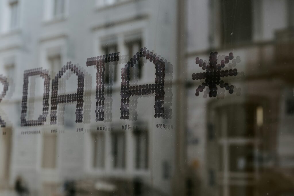 Window with Data written on the glass in old fashioned computer font.