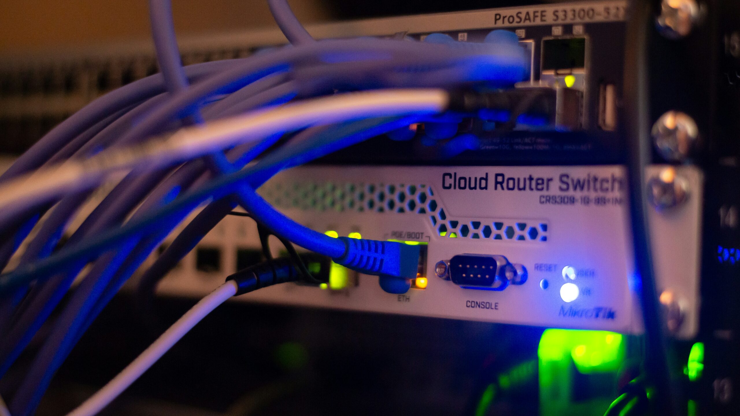 Wires going into a cloud router in a data center.