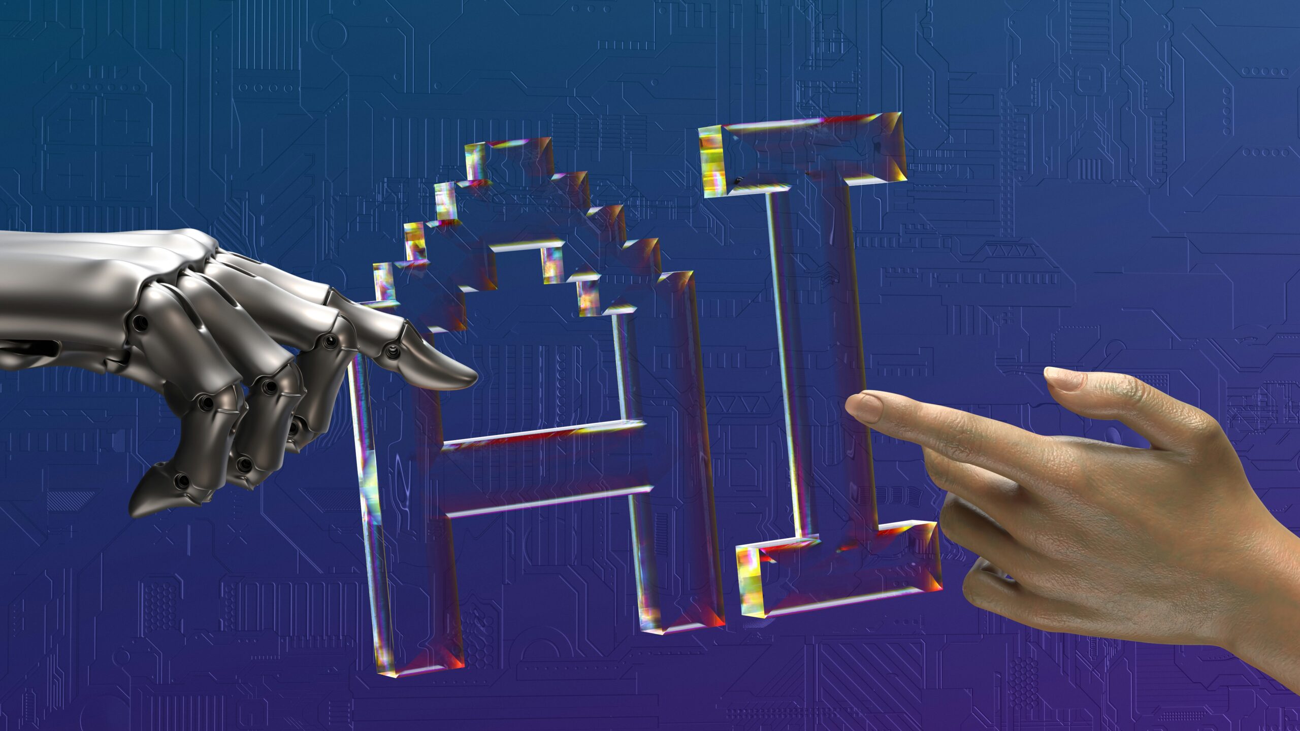 Robot hand on left and human hand hand on right of AI sign.