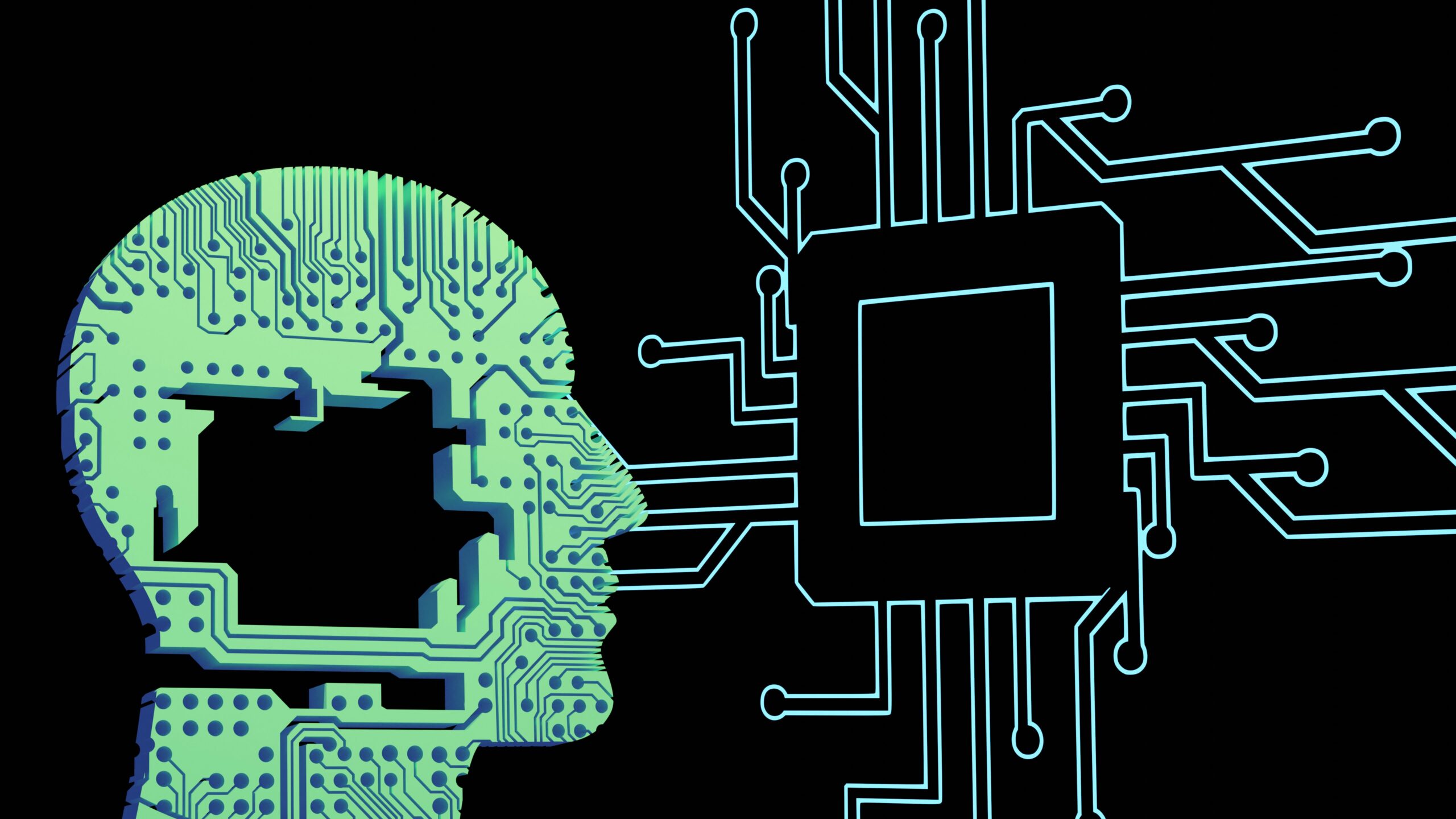 Green robotic face with circuitry showing looking at a green circuit.