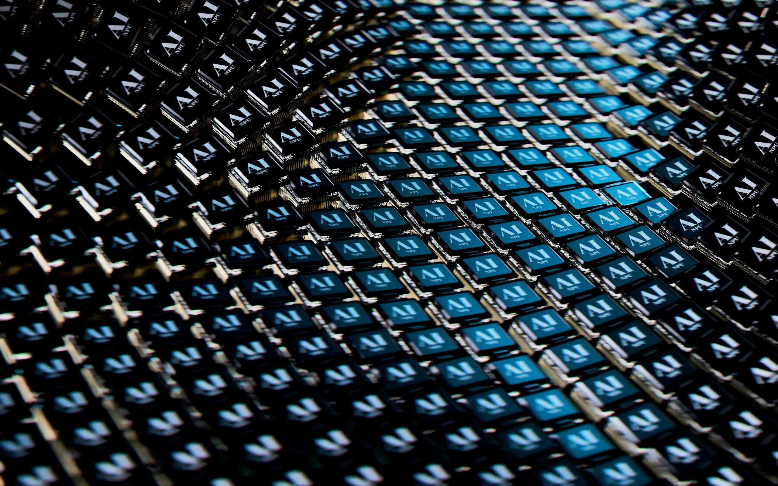 Close-up view of rows of computer chips labeled “AI,” arranged in a grid pattern with alternating blue and black colors, creating a wave-like visual effect.