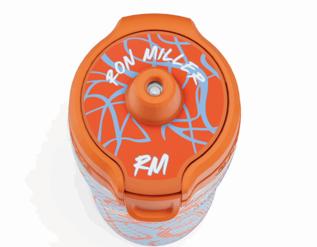 Top view of an orange custom Gatorade bottle with light blue abstract patterns and the name “Ron Miller” and initials “RM” printed on the lid.